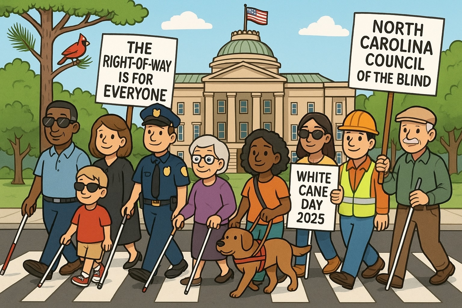 Multi-colored illustration of a group of cane users traversing a crosswalk in front of a domed capital building